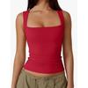 Women square neck wide strap ruched tank top solid white slim casual camisole