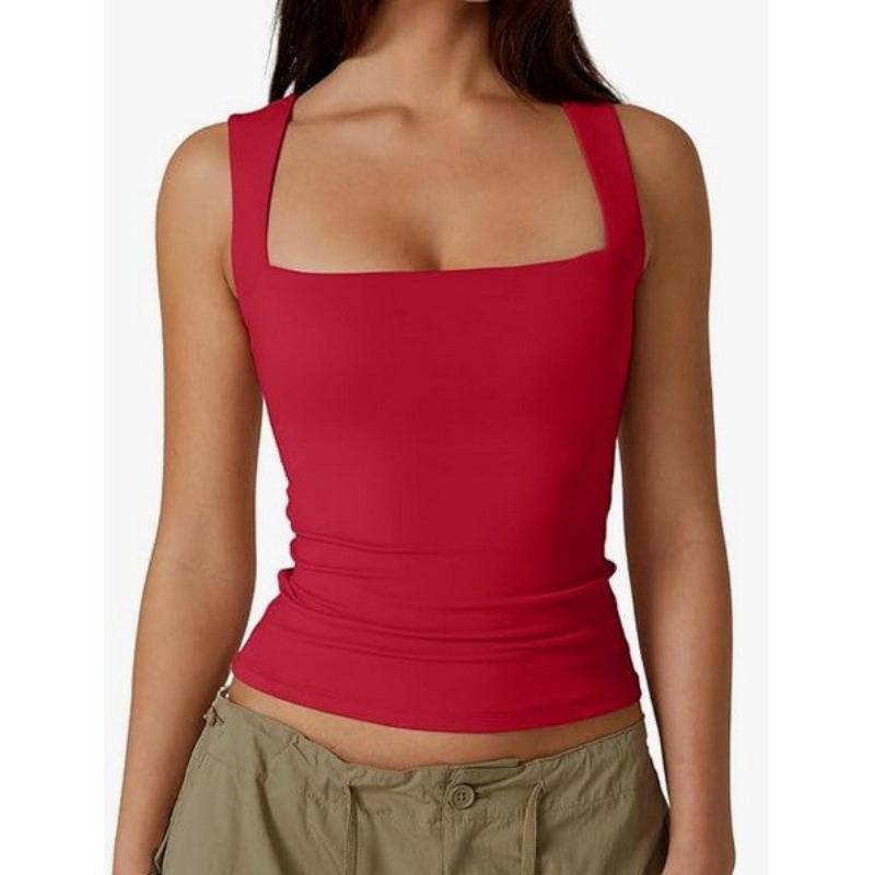 Women square neck wide strap ruched tank top solid white slim casual camisole