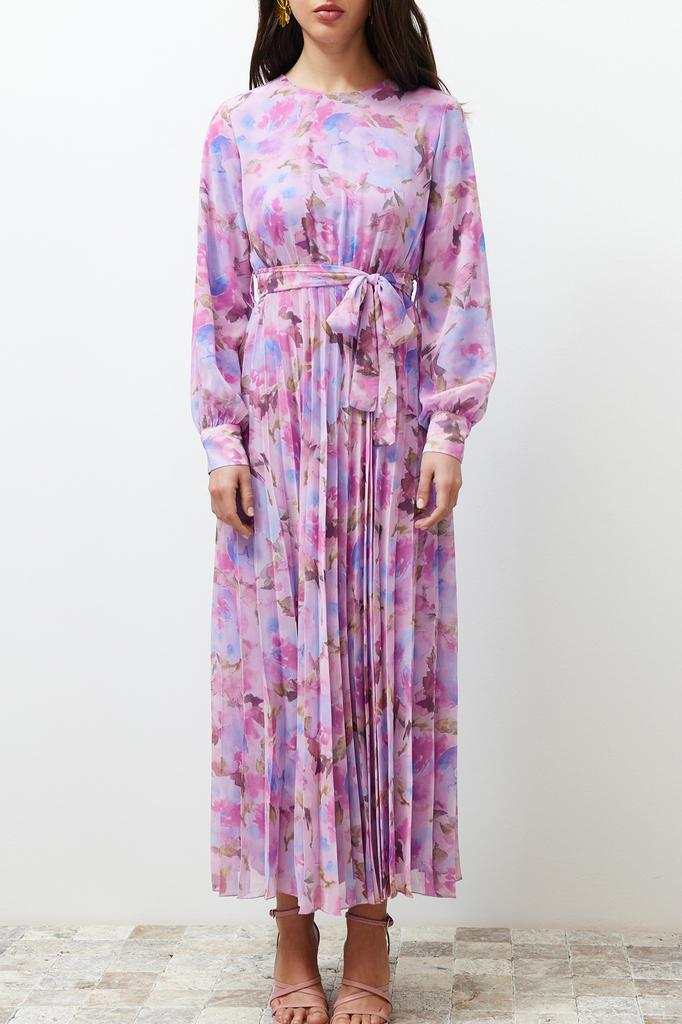 Women's Hijab Dress New Season Fashion Multi-Colored Floral Belt Detailed Lined Pleated Chiffon Woven Dress