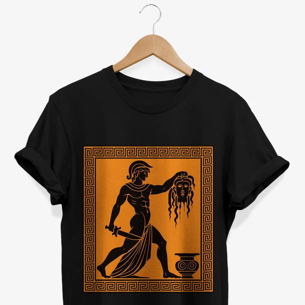 Perseus Medusa T-shirt Greek Myth Pattern Ancient Greek Culture Legend Gift Cultural Heritage Pay Card Short-sleeved Round Neck