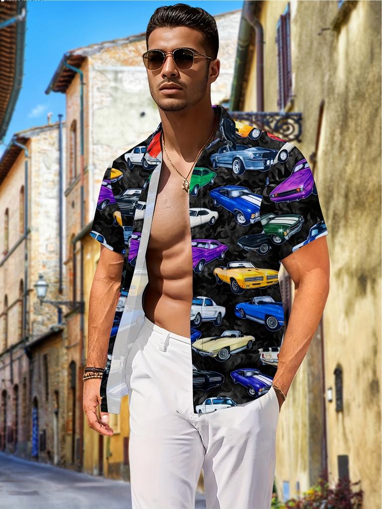 Pánská Vintage Košile s Vzorem Klasického Auta - Knoflíková Halenka s Retro Motivem Auta v Modré, Zelené, Fialové, Červené, Žluté a Černé Barvě a Barvách -
