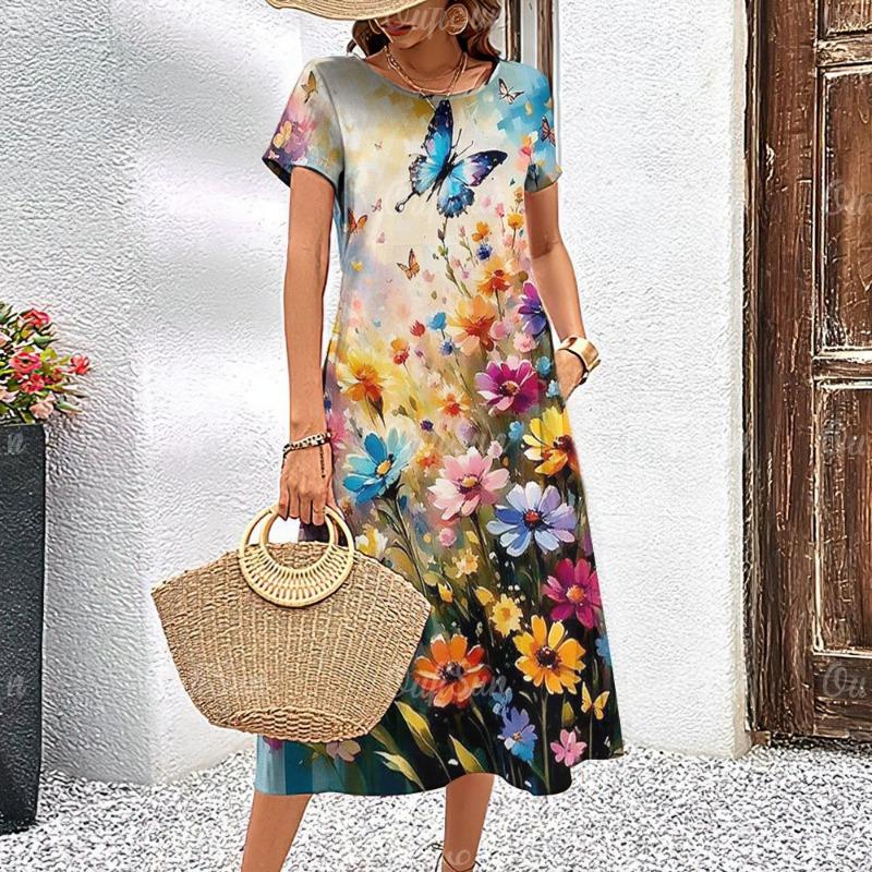 Women's Dresses Elegant Floral Printed Summer Vacation Midi Dresses Feamle Short Sleeve Dress Fashion Oversized Clothes