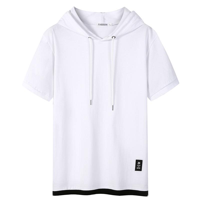 Kunhai Pengyun Men's Trendy Cotton Hooded Short-Sleeve T-Shirt - Loose Fit, Solid Color, Fake Two-Piece Design