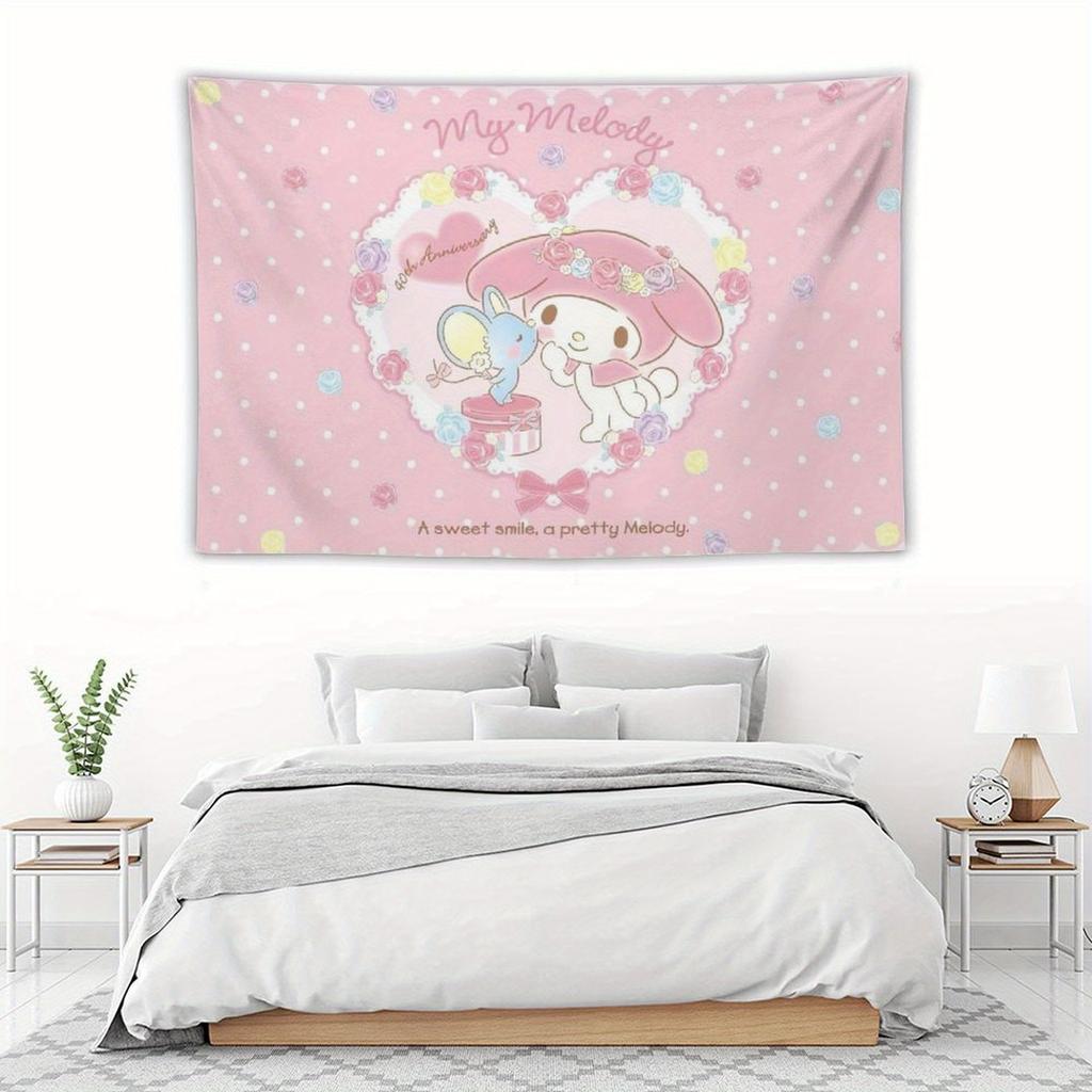 1pc Cute My Melody Anniversary Print Tapestry 2D Polyester Wall Hanging Pink Sanrio Aesthetic Decor Tapestry Gift for Sanrio