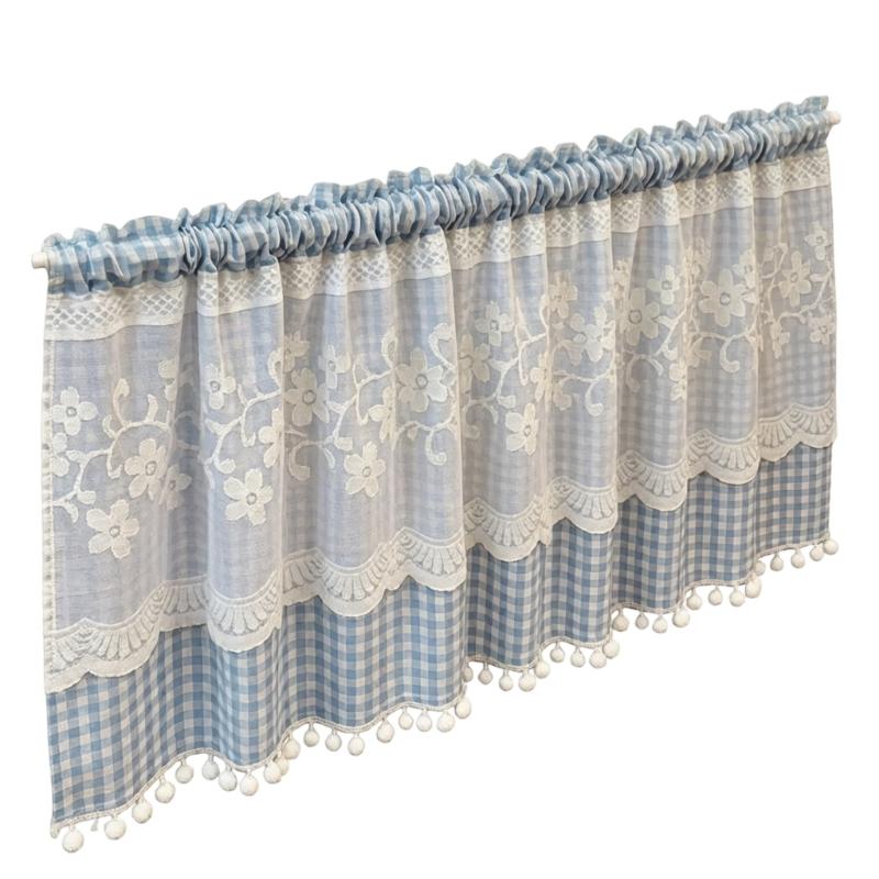 Kitchen Short Curtain Panel with Rod Pocket, Light Filtering Polyester and Gingham Trim for Bath and Cabinet Use