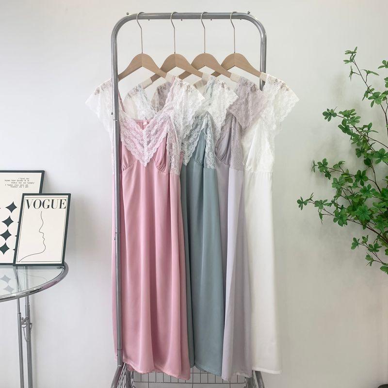 

Sexy Pajamas Women s Summer Soft Ice Silk Thin Lace Mid Length Long Length Slip Nightdress Pure Desire Princess Style Home Wear Black L