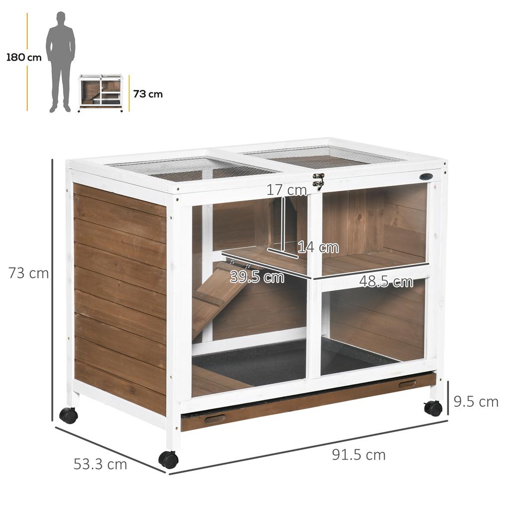 2-Tier Rabbit Hutch with House, Ramp and Removable Tray, Made of Fir Wood, 91.5x53.3x73 cm, Brown