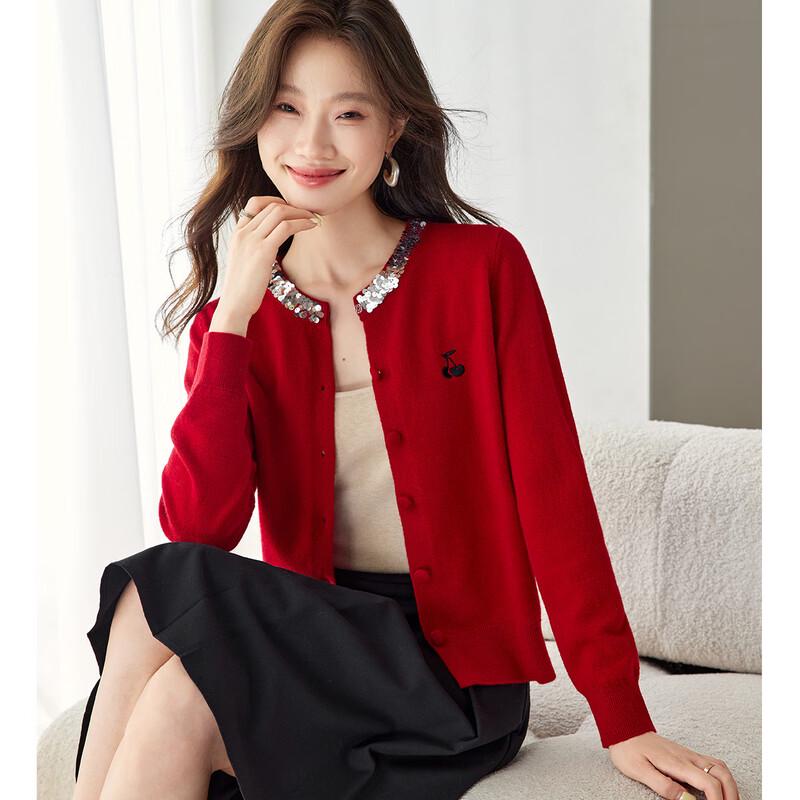 Srcr Women's 100% Merino Wool Sequin Embroidered Short Cardigan