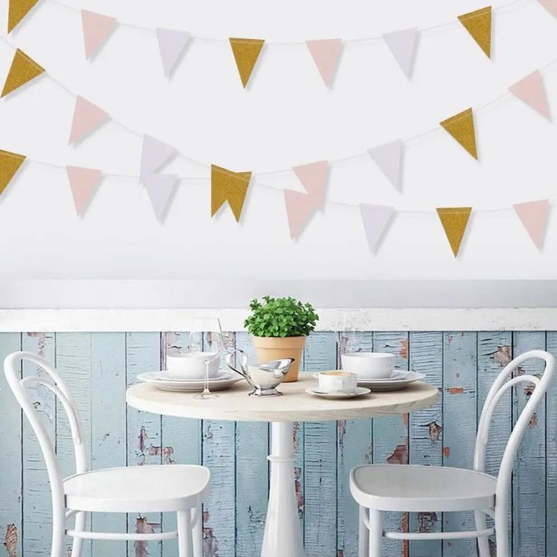 10 Fuß Rosa Weißgold Papier Dreieck Girlande Flagge Wimpelkette Wimpel Banner für Hochzeit Brautparty Geburtstagsfeier Heimdekoration