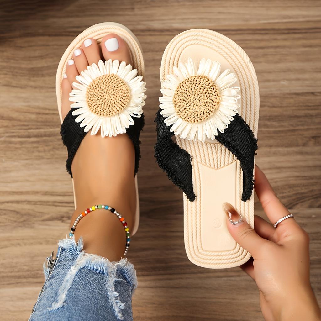 Women's Chrysanthemum Decor Flip Flops, Casual Slip Toe Slide Sandals, Lightweight Beach Shoes