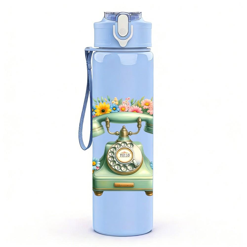 1PC Retro Vintage Telephone Pattern 750ml Color Plastic Sports Water Bottle Leakproof Flip Straw Lid Suitable for Sports Office Home Use
