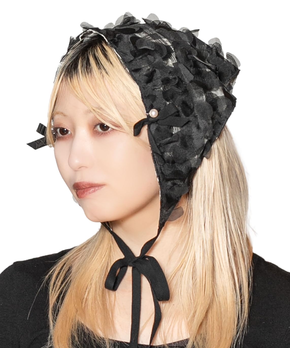 

Kashira Washable Babushka Scarf with Ribbon, Pearl, Reversible Cotton, All Season, SHK01238, Women s, Black, Free Size