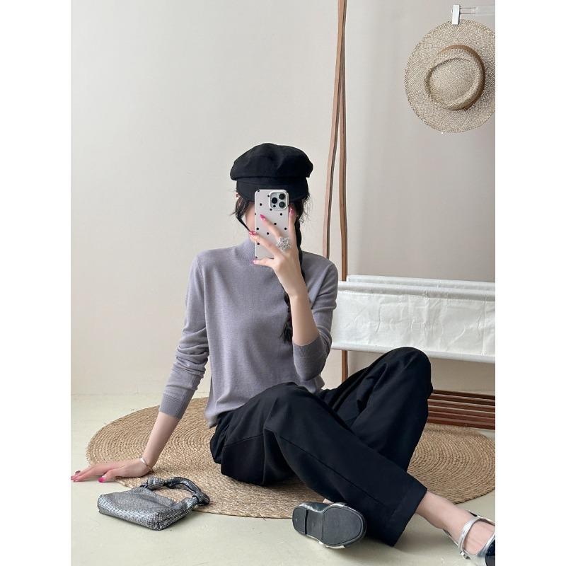 Gentle wind 0 wool solid color simple soft waxy semi-turtleneck pullover knitted inside with women s high-end temperament bottoming shirt XL