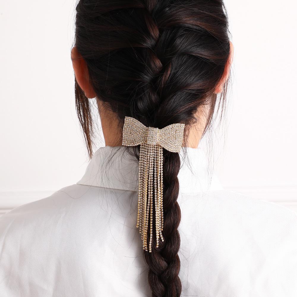 Luxury Sparkling Diamond Bow Tassel Hair Clip for Women - Lightweight, High-End Spring Accessory