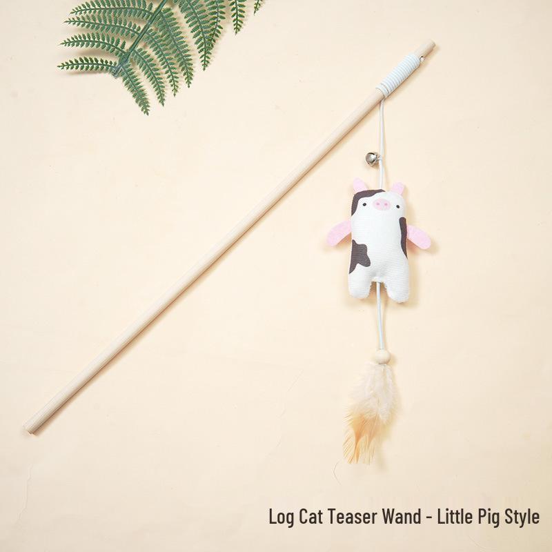 Natural Wood Cat Teaser: Cartoon Fabric Doll, Elastic Bite-Resistant Interactive Toy for Boredom Relief