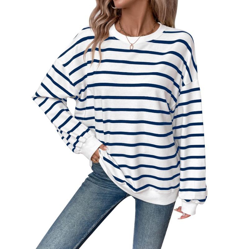 Women's Autumn and Winter Oversized Loose Casual Striped Long Sleeve Sweatshirt