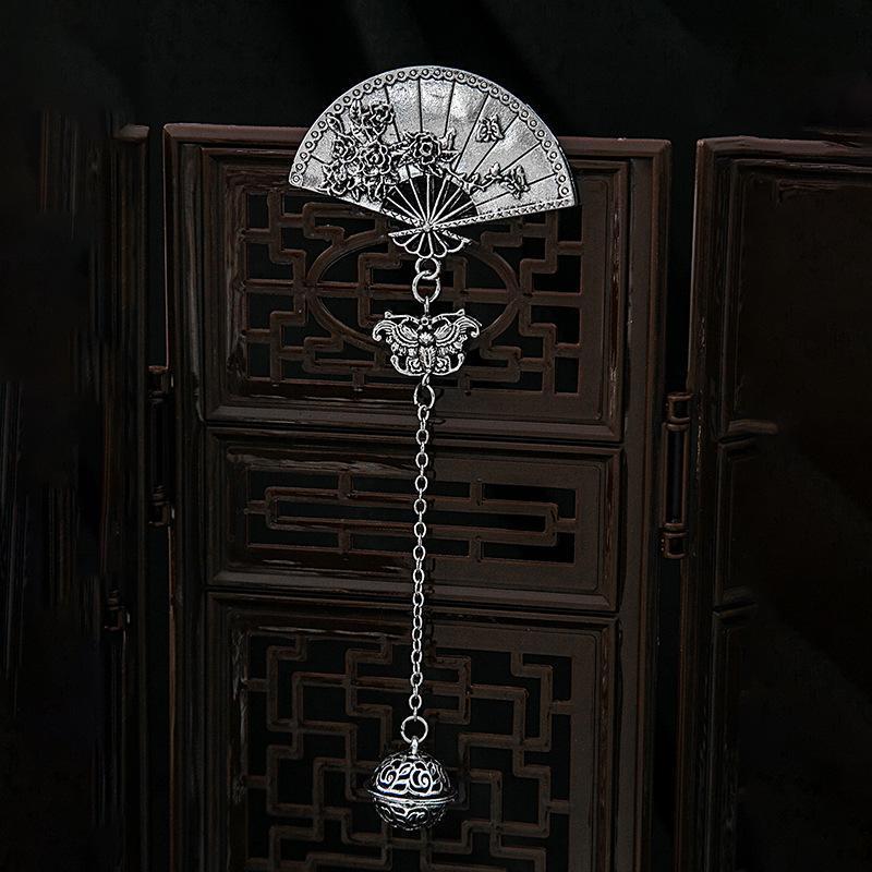 Retro Chinese Plum Blossom Fan Brooch with Tassel Pendant