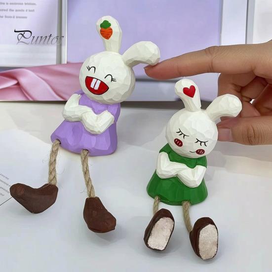 Healing Style Room Accents Leggy Rabbit Figurine Ornament, Handcrafted Basswood Desktop Sitting Small Animal Collectibles Bunny, Creative Ornament for