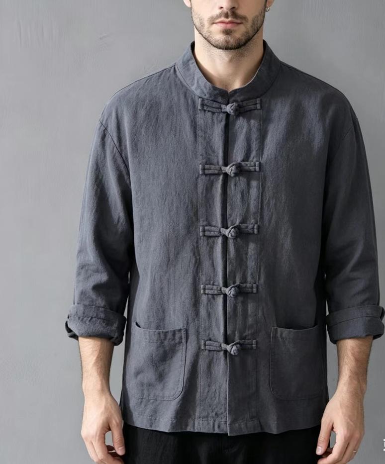 Mens Chinese Style Retro Stand Collar Cotton Linen Large Size Long Sleeve Tang Shirt