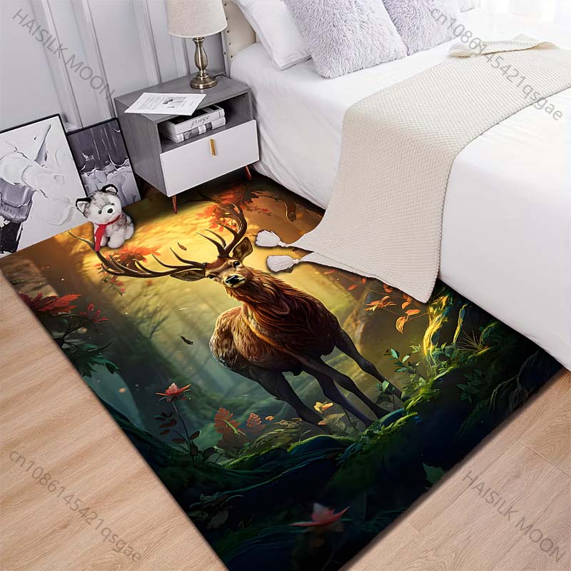 Deer In Forest Sunlight Filtering Carpet for Living Room Bedroom Bedside Floor Mat Cloakroom Children Playing Mat Area Rug