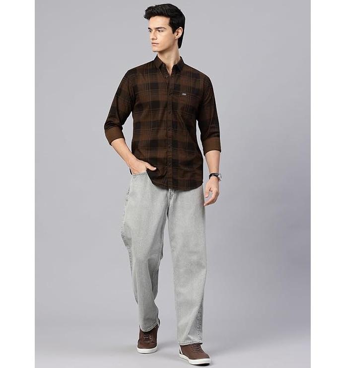 Man's Stylish Slim Fit Cotton Spread Collar Checked Casual Shirt - Dark Brown
