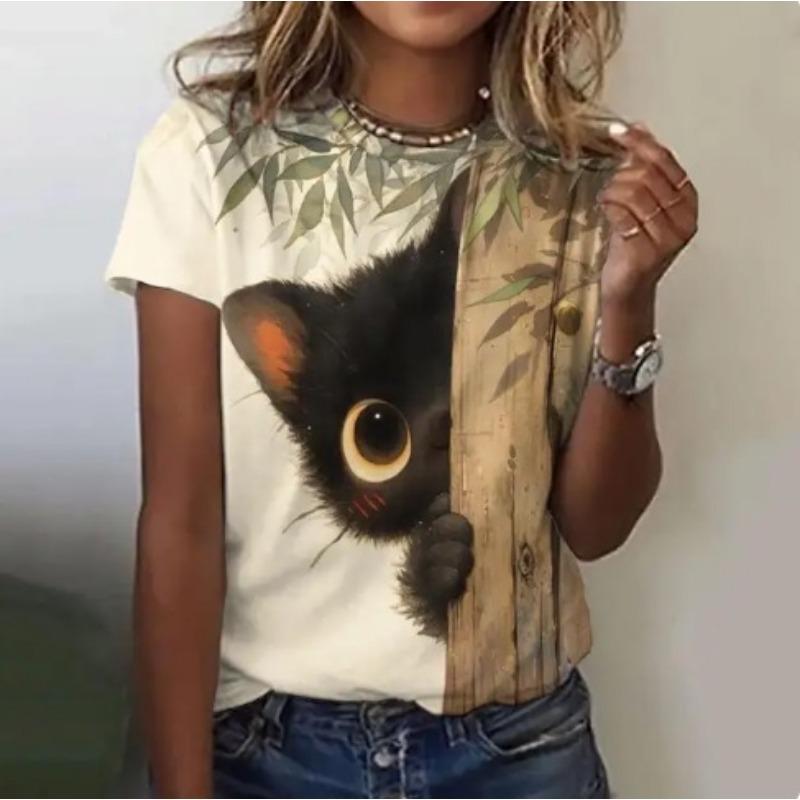 Funny Cute Cat Cartoon Printed Short Sleeved T-shirt Fashionable Loose Top T-Shirts Women’s
