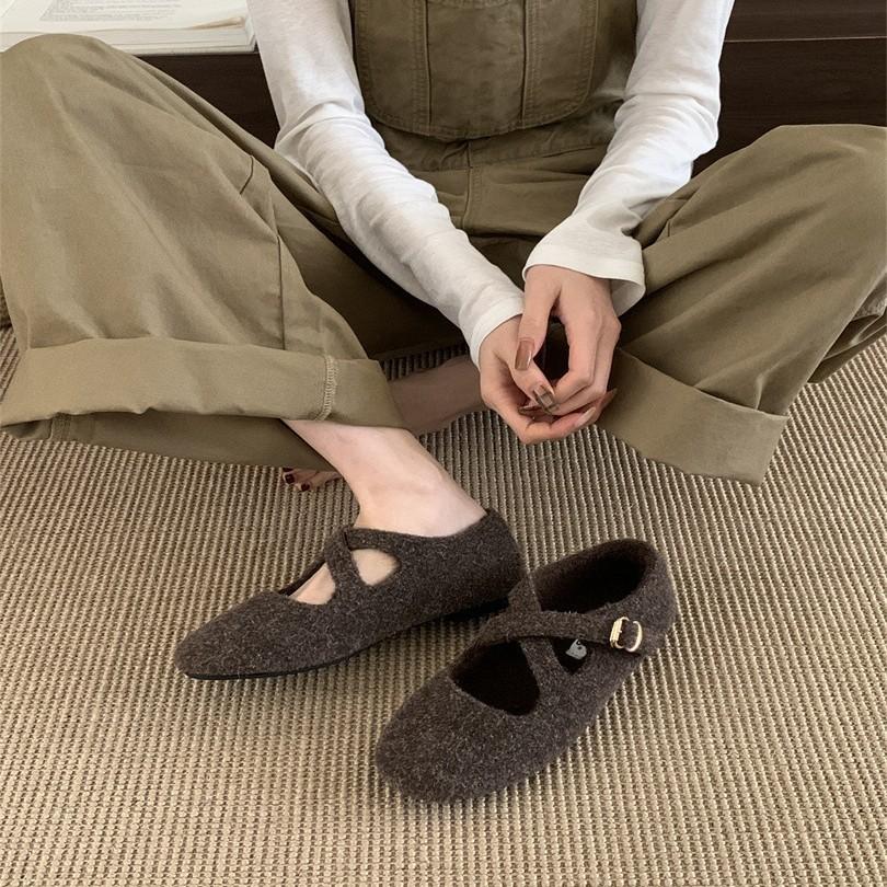 Grape Mother Studiolee Soft Cute Round Head Cross Buckle Sweet Wind Suede Light Mouth Fluffy Mary Jane Single Shoes
