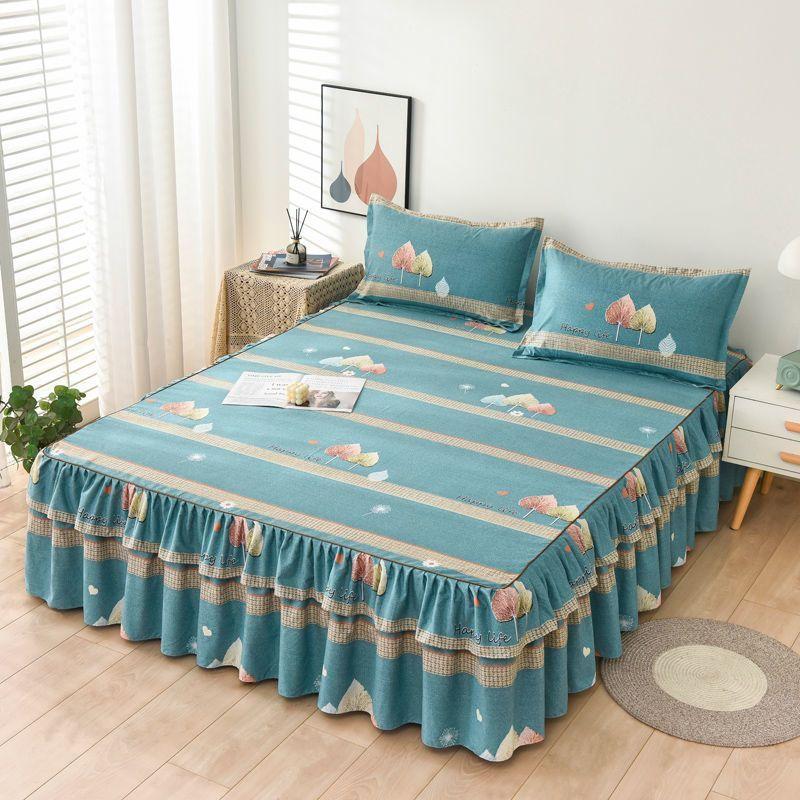 

3 шт. Юбка для кровати с цветочным принтом - Мягкий, удобный и нескользящий полиэстерный наматрасник с ярким розовым и синим цветочным принтом Одна юбка для кровати + две наволочки 150*200CM