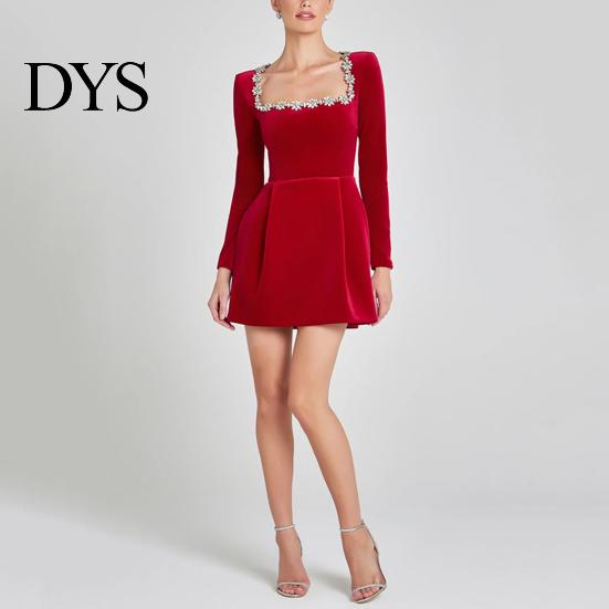 Long Sleeve Mini Dress Women Square Collar Beaded Flower Decor Formal Short High Waist Above Knee Length