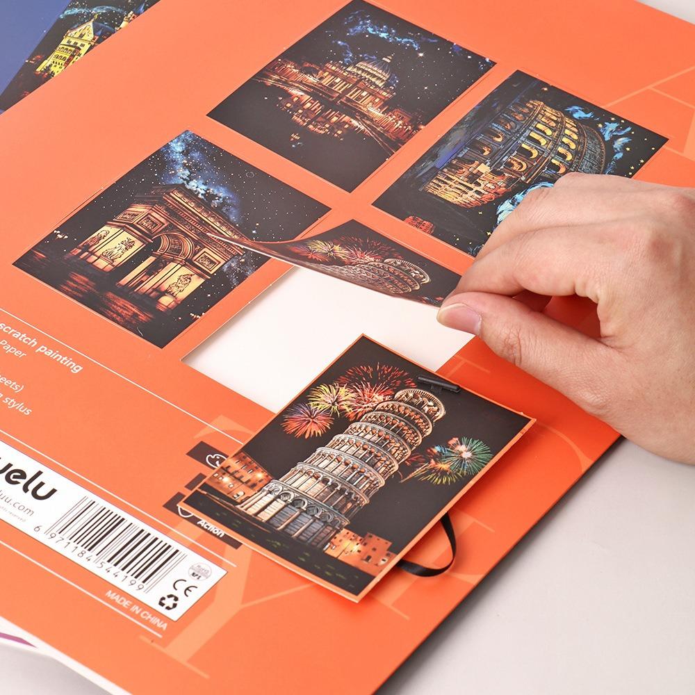4Pcs/Set A3 Diy Scratch Painting Set Colosseum Forbidden City Cherry Blossom Castle Night View Laser Scratch Art Drawing Toys