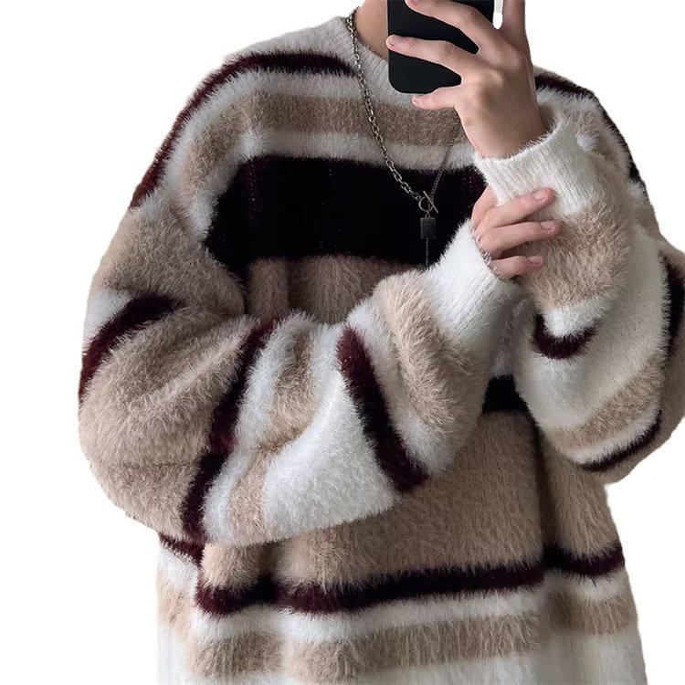 Soft Waxy Warm Sweater for Boys Loose and Lazy Trendy Brand Striped Crew Neck Thread Coat Autumn and Winter Advanced Sense Knitted Sweater