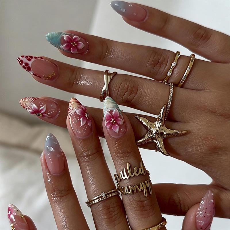 Hot Selling 3D Floral Rhinestone Almond False Nails - Handmade Wearable Tips