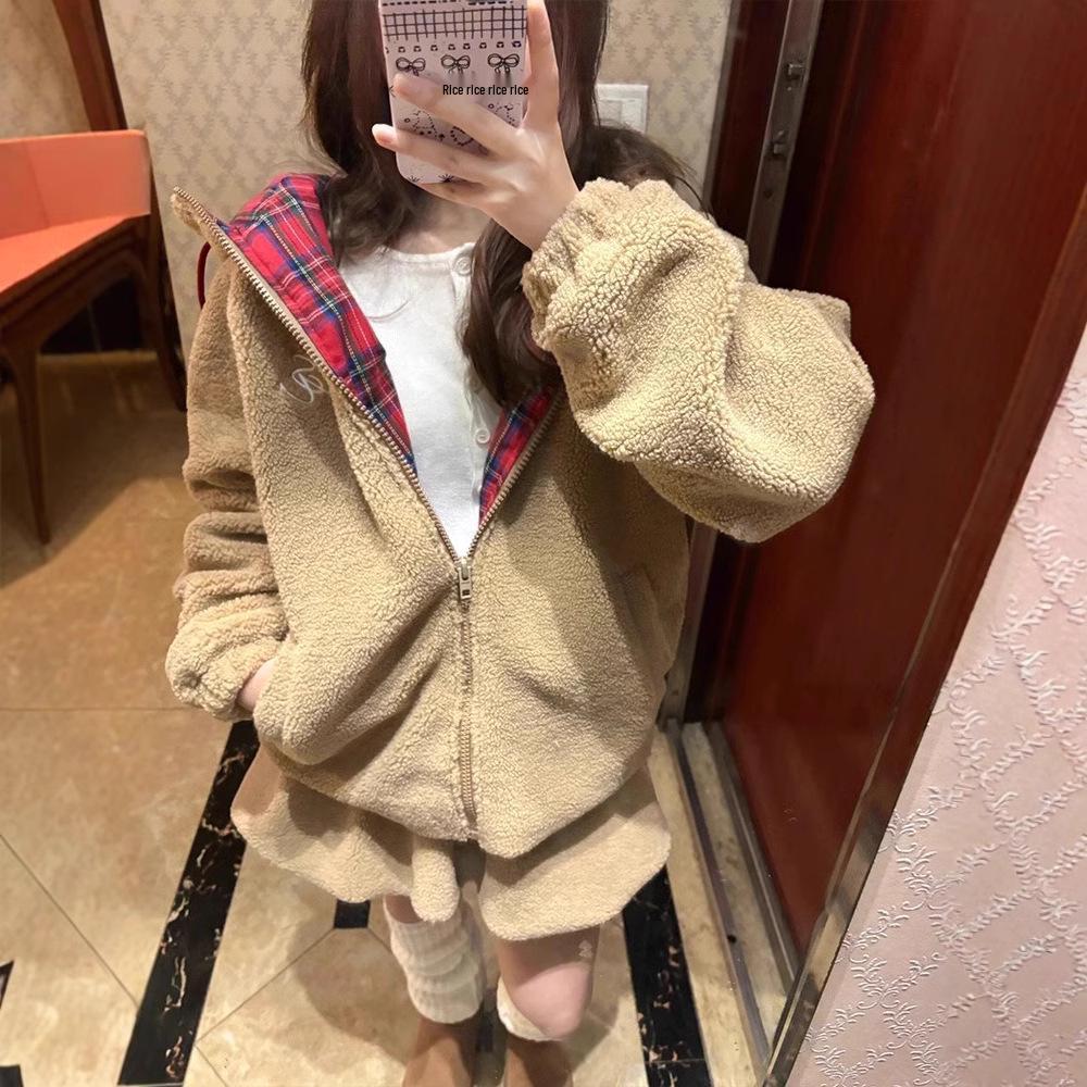 

Женская куртка из овечьей шерсти в клетку с капюшоном на молнии - Теплый флисовый кардиган на осень/зиму 2XL