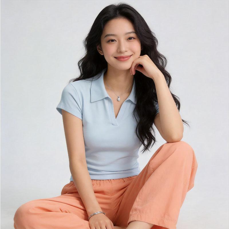 Kurzärmeliges T-Shirt Für Damen Sommer Polo Kragen Und Revers Oberteil, Kurzes Und Eng Anliegendes Freizeit-T-Shirt