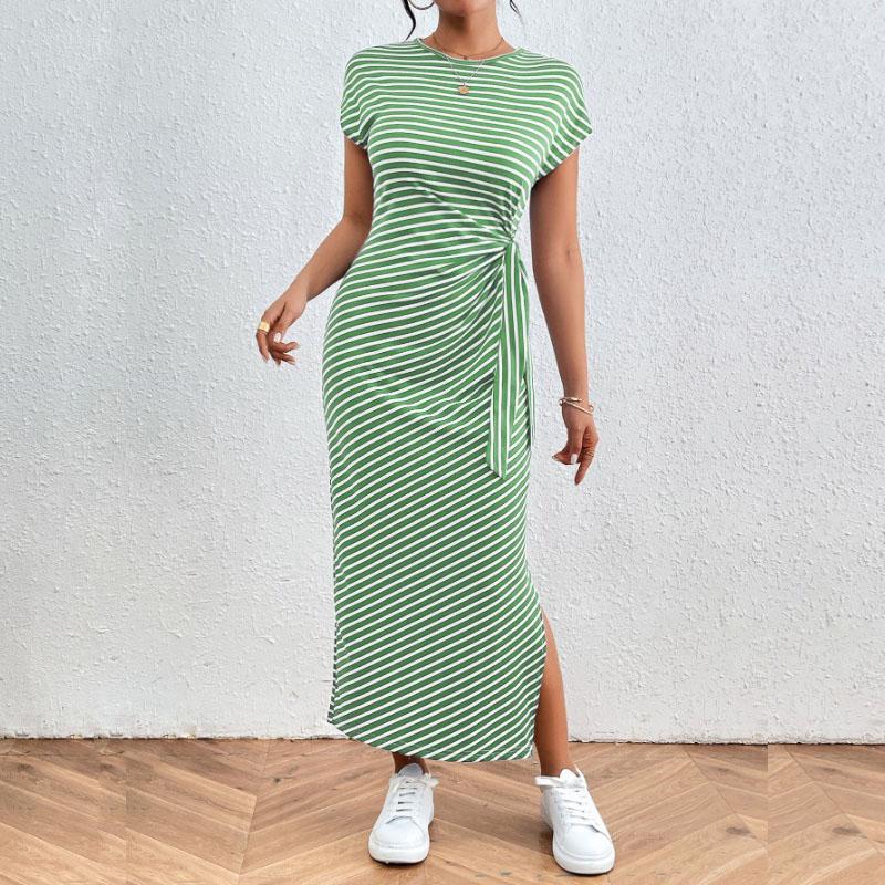 

Женская мода лето весна полосатый принт O-образный вырез тонкий повседневные платья XL зелёный