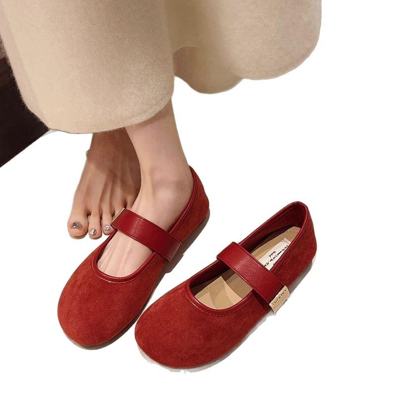 Nouvelles chaussures plates décontractées Mary Jane style fée douce rétro daim rouge bouche légère chaussures simples femme printemps