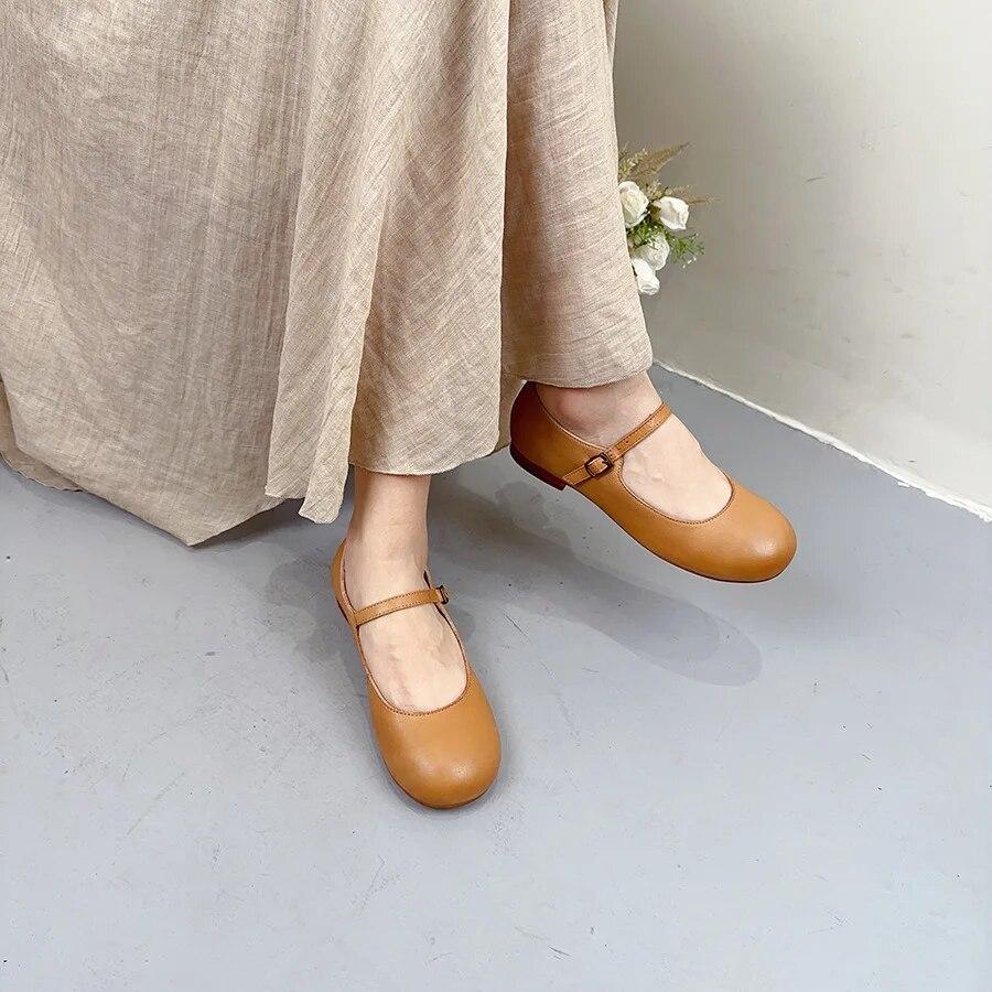 Johnature Chaussures à talons bas en cuir véritable avec boucle peu profonde, escarpins polyvalents à bout rond de couleur unie pour femmes