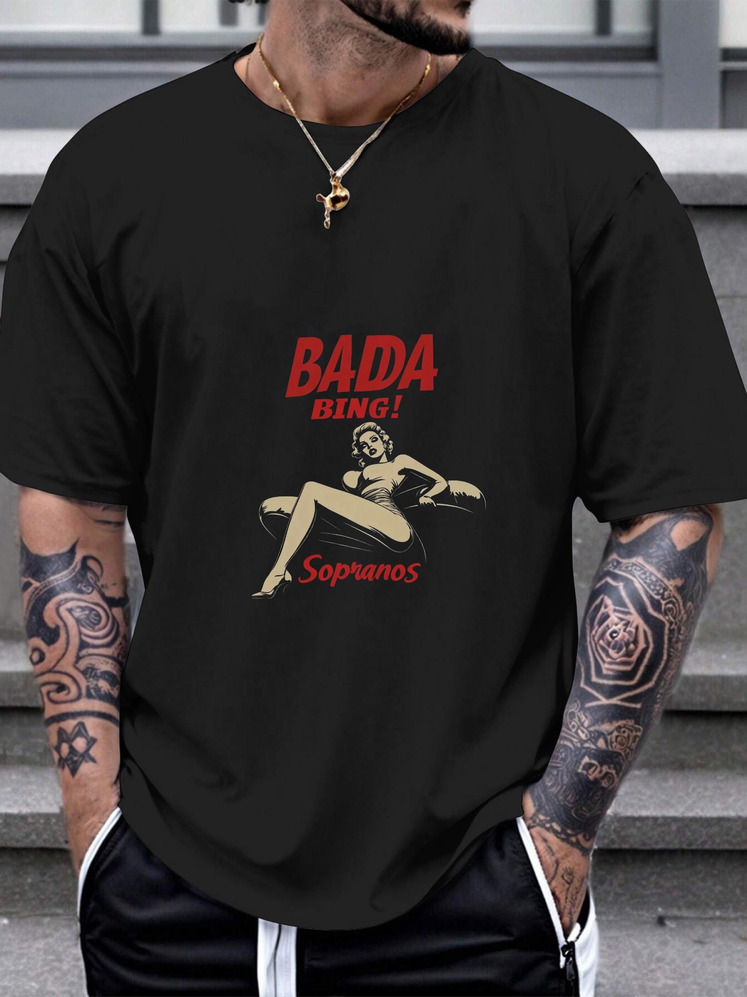 1pc Black 180g Cotton T-shirt with Bold Red BADA BING! BADA SONG Graphic & Retro Pin-Up Art - All-Season Crew Neck Short Sleeve Casual Tee XL