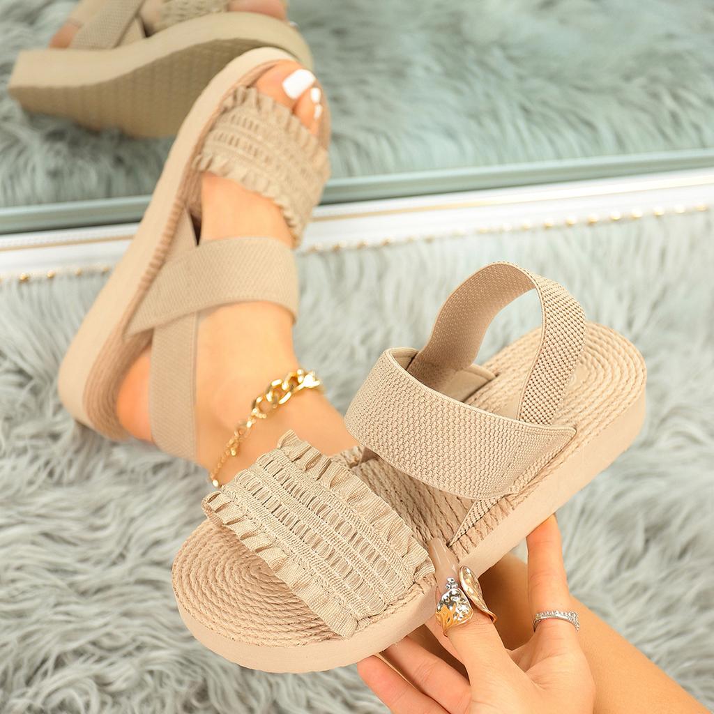 Women' & Slip-On Open-Toe Sandals with Elastic Crinkle Strap - Low Heel Sole Beach Slippers Women Shoes