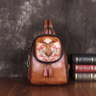 Elk Embossing Backpacks for Women Genuine Leather Shoulders Bags Ladies Fashion Knapsack GZW