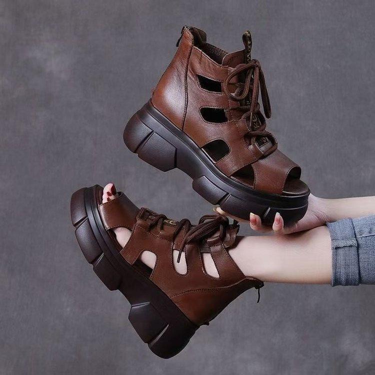 Soft leather cool boots high-top platform fashion open-toed fish mouth sandals 2025 summer new retro versatile Roman shoes women