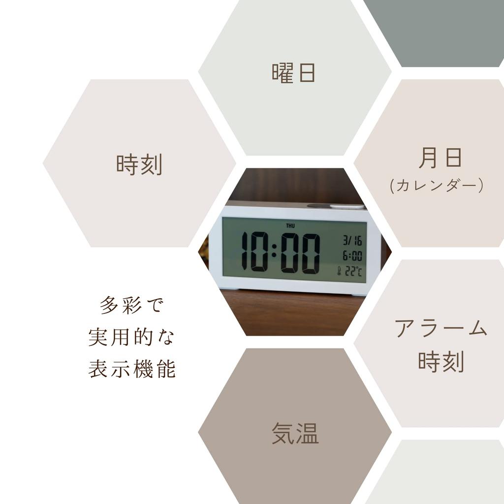 Budzik DEMI Zegar stołowy Prosty cyfrowy budzik Biały Czarny Szary Prostokąt Data Dzień tygodnia Kalendarz Temperatura Alarm Czas Wyświetlacz Podświetlenie