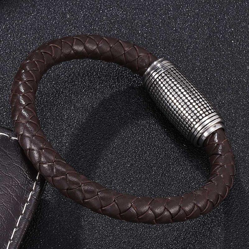 Punk Men Jewelry Braided Leather Bracelets Stainless Steel Clasp Brown Color Fashion Bracelet For Man