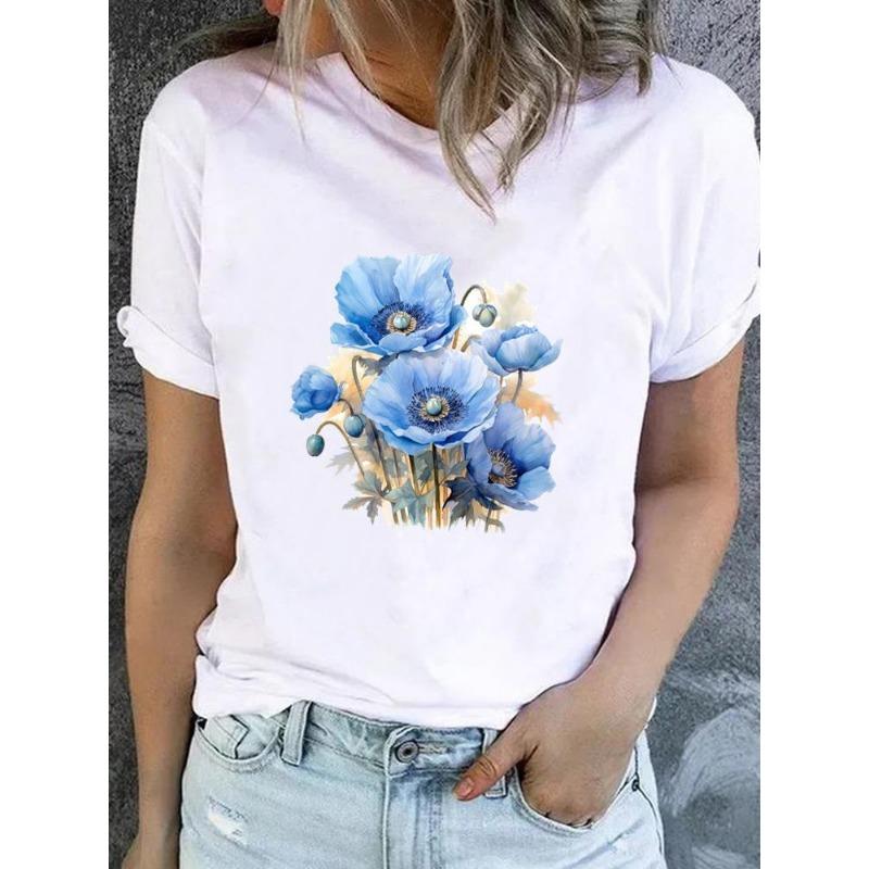 Cute Floral Print T-shirt Ladies Fashion Short-sleeved Clothing Casual Loose Top