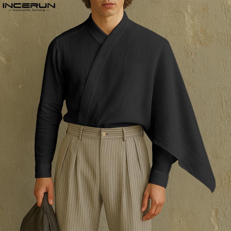 INCERUN Men Long Sleeve Ruffled Layers Patchwork Casual Cape Shirts