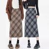 2025 Spring/Autumn High Waist Slit A-line Wool Plaid Midi Skirt for Women