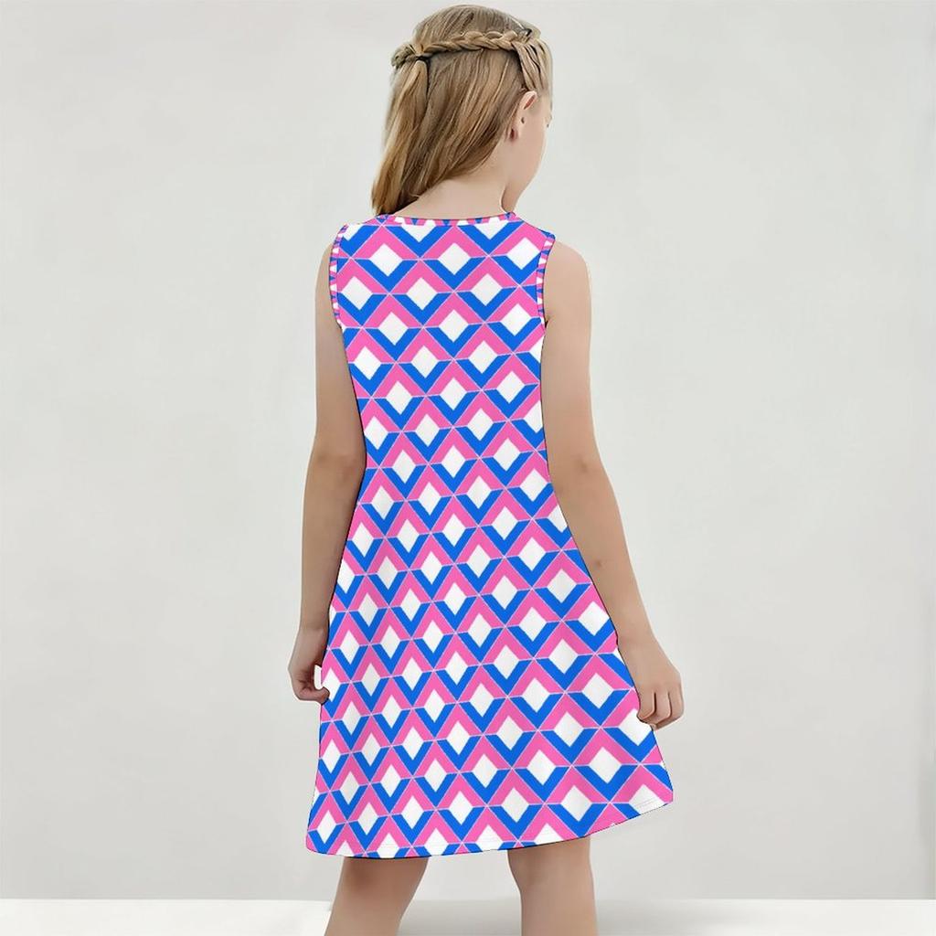 Girls Round Neck Sleeveless Geometric Printed A Line Flared Dress