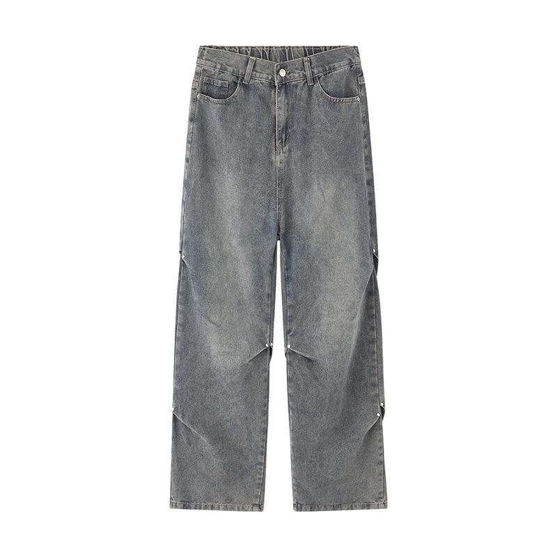 Yadu Unisex Retro Hong Kong Style Washed Denim Pants - Loose Straight Leg Casual Pants