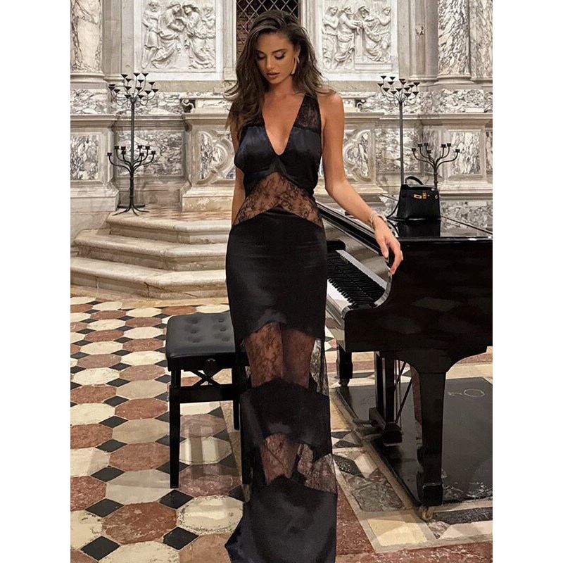 Elegant Lace See-through Halter Dress Lace Stitching Sling Dress Black S