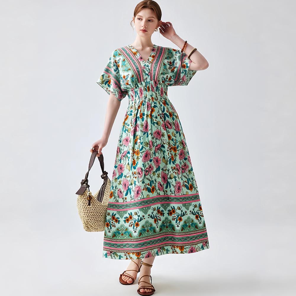 Bohemian-Style Cotton-Silk V-Neck Batwing Print Dress Summer Casual Vacation Beach Dress